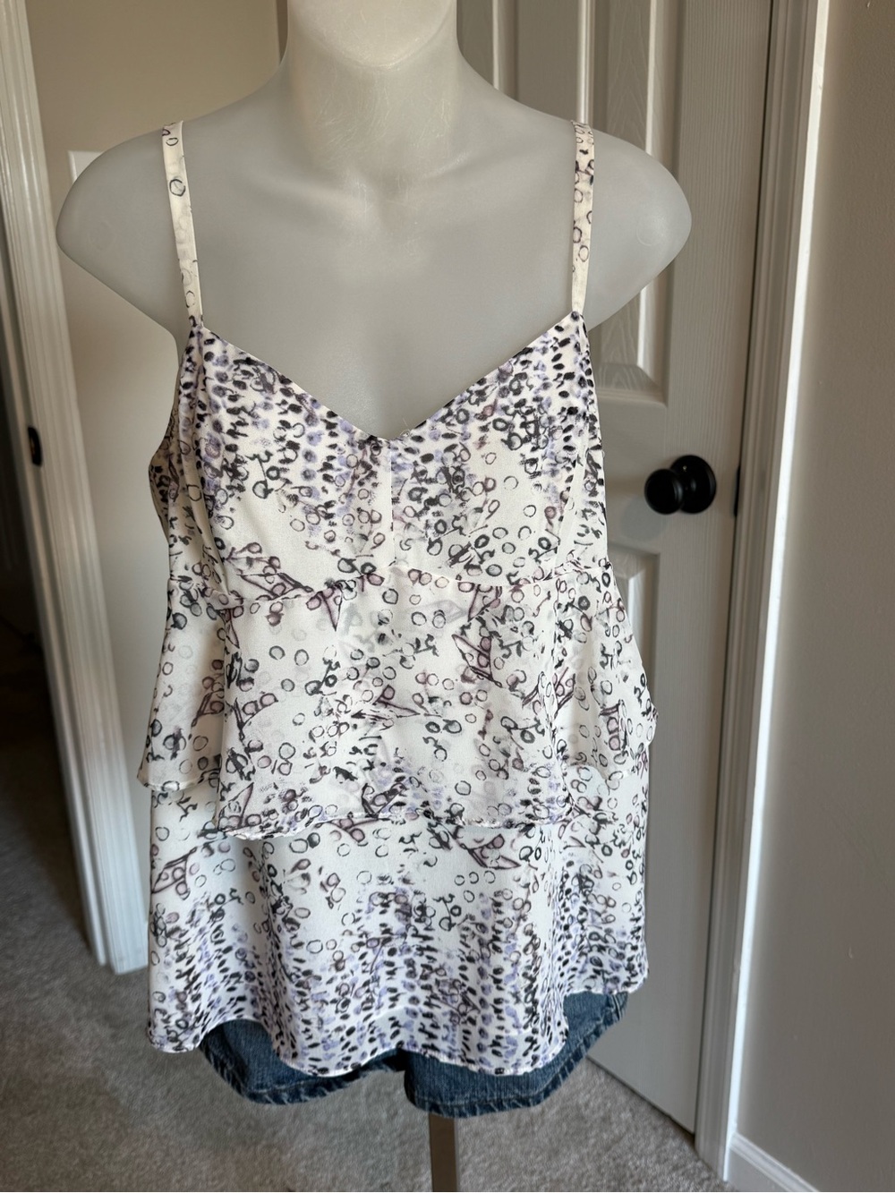 CAbi White and Mauve Printed Ruffle Camisole
